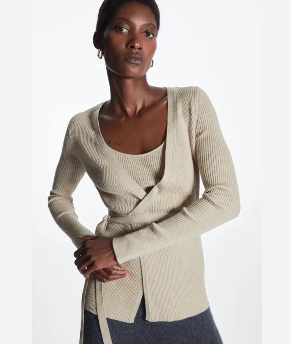 COS 100% Wool Ribbed Wrap Sweater Beige Ballet Tie Cardigan Minimalist S Neutral